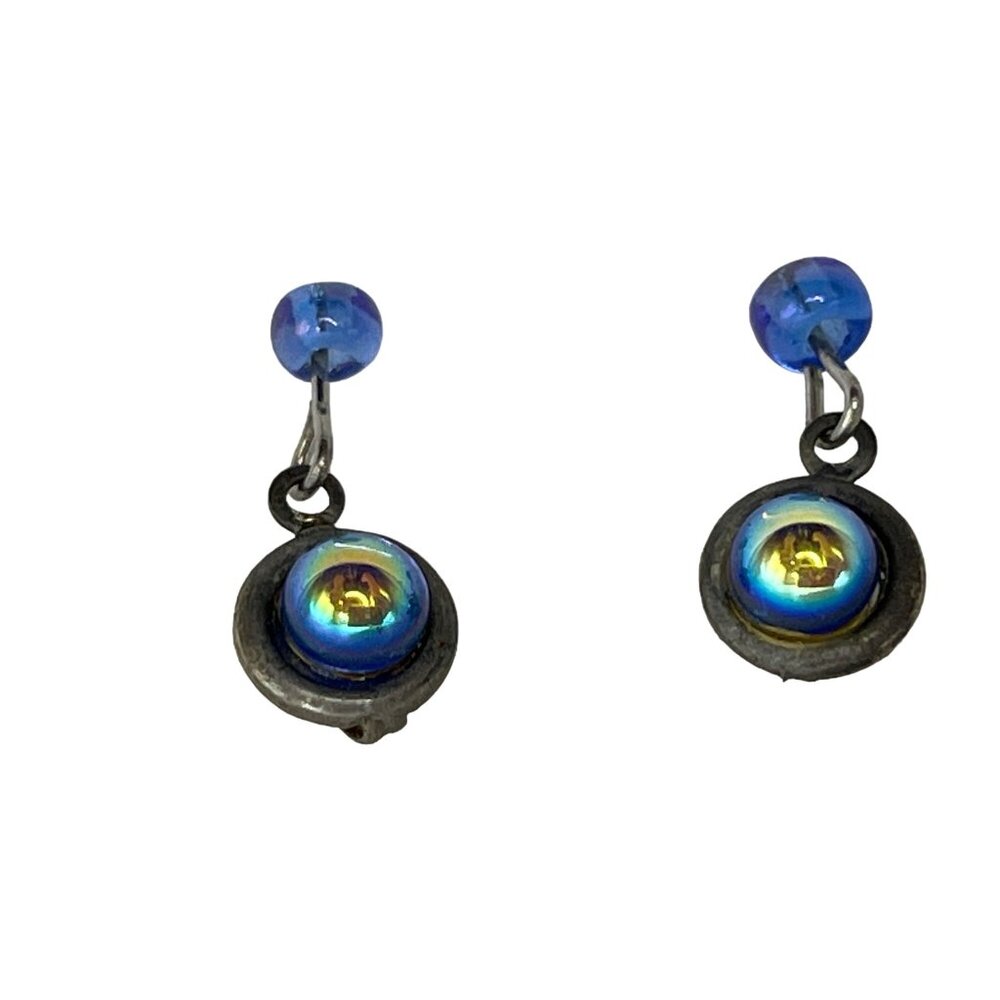 Vintage Blue Iridescent Glass Bead Stud Earrings A120